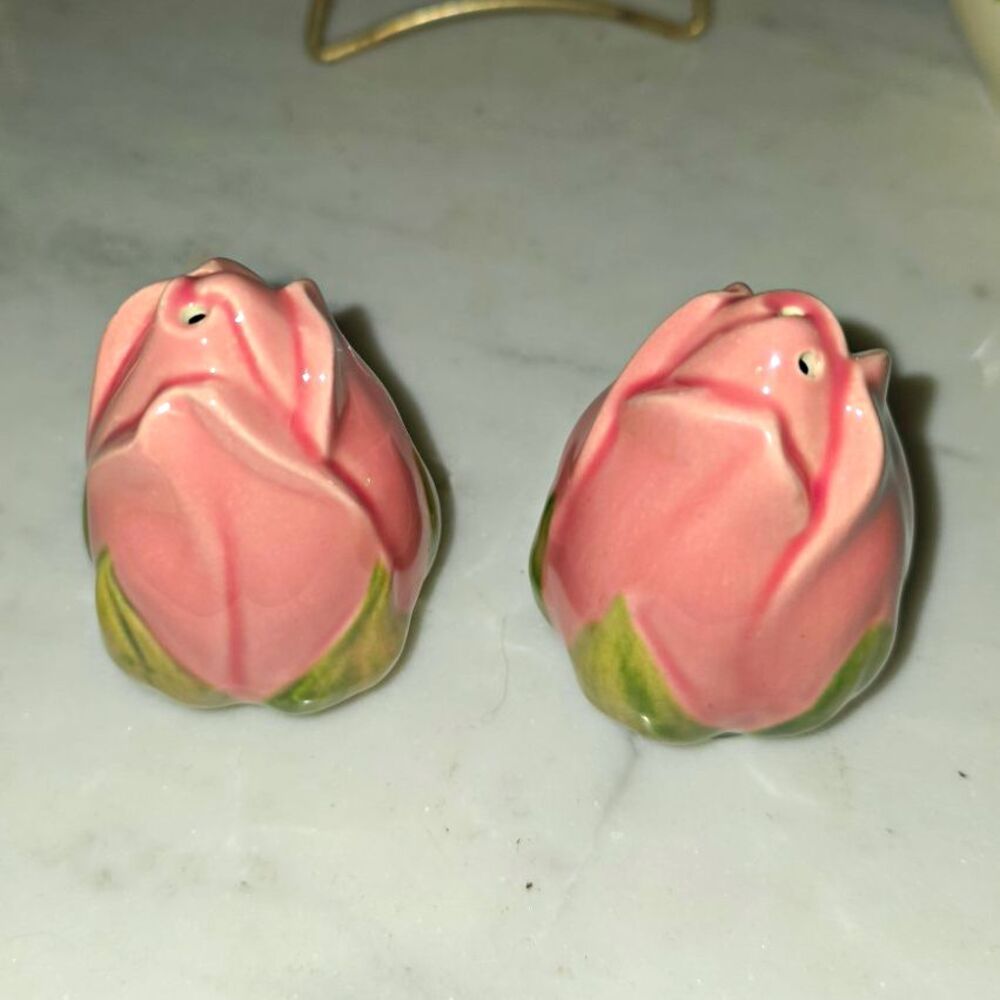 Franciscan Vintage Pink & Green Rosebud Flower Ceramic Salt & Pepper Shakers